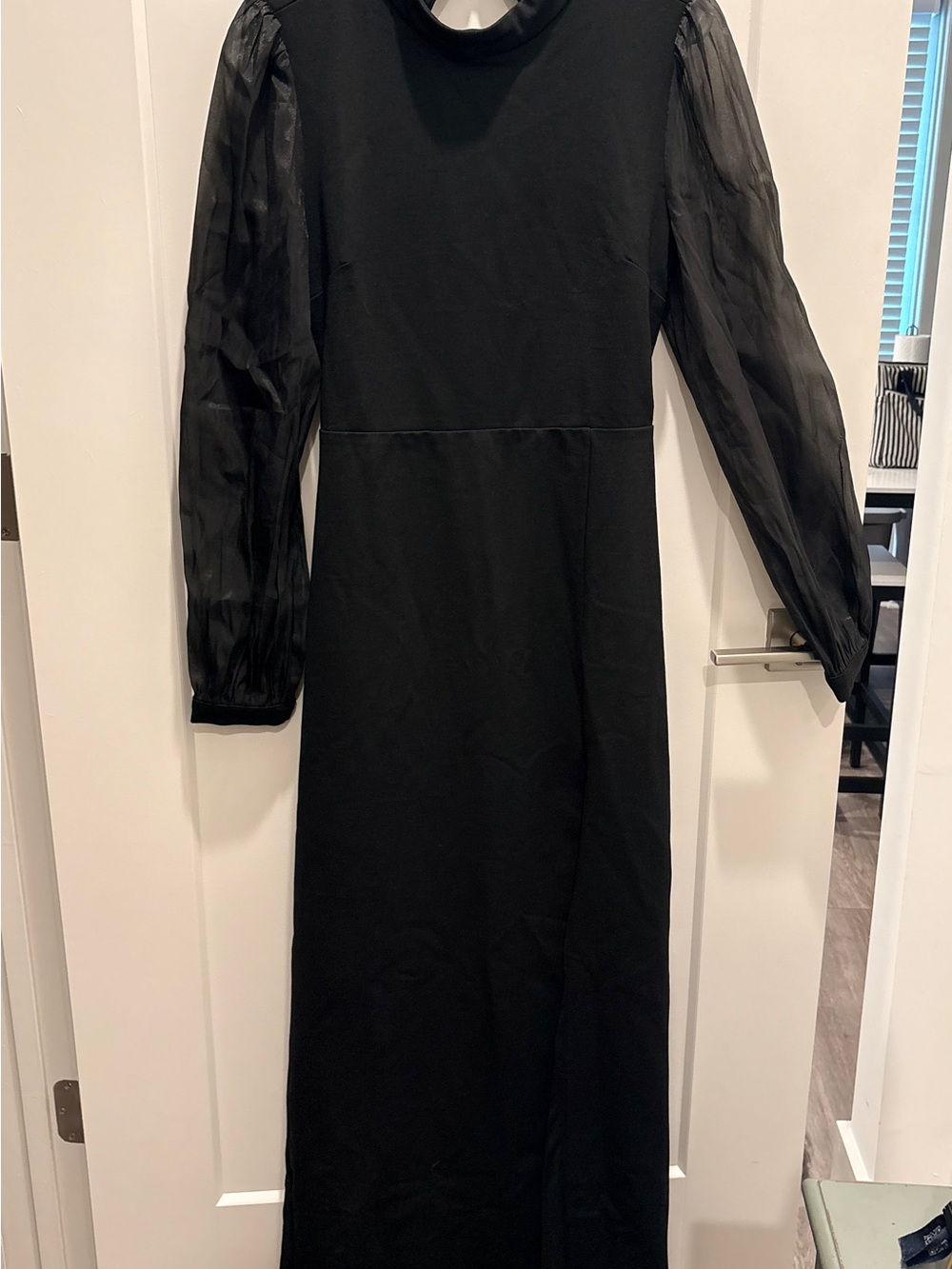 Black Long Sleeve Maxi Dress with Sheer Puff Sleeves and Open Back